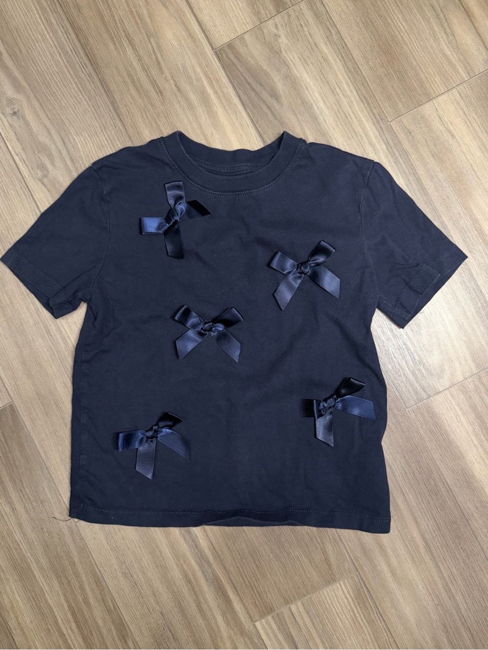H&M Navy Short-Sleeve Tee with Satin Bow Embellishments